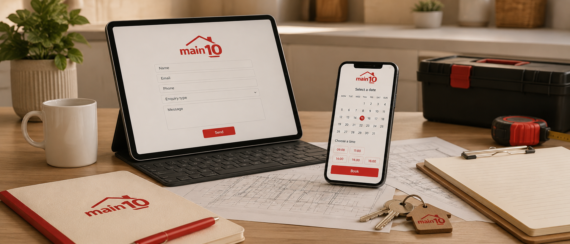 Main10 contact and booking workspace showing a tablet enquiry form, smartphone booking screen and branded notebook