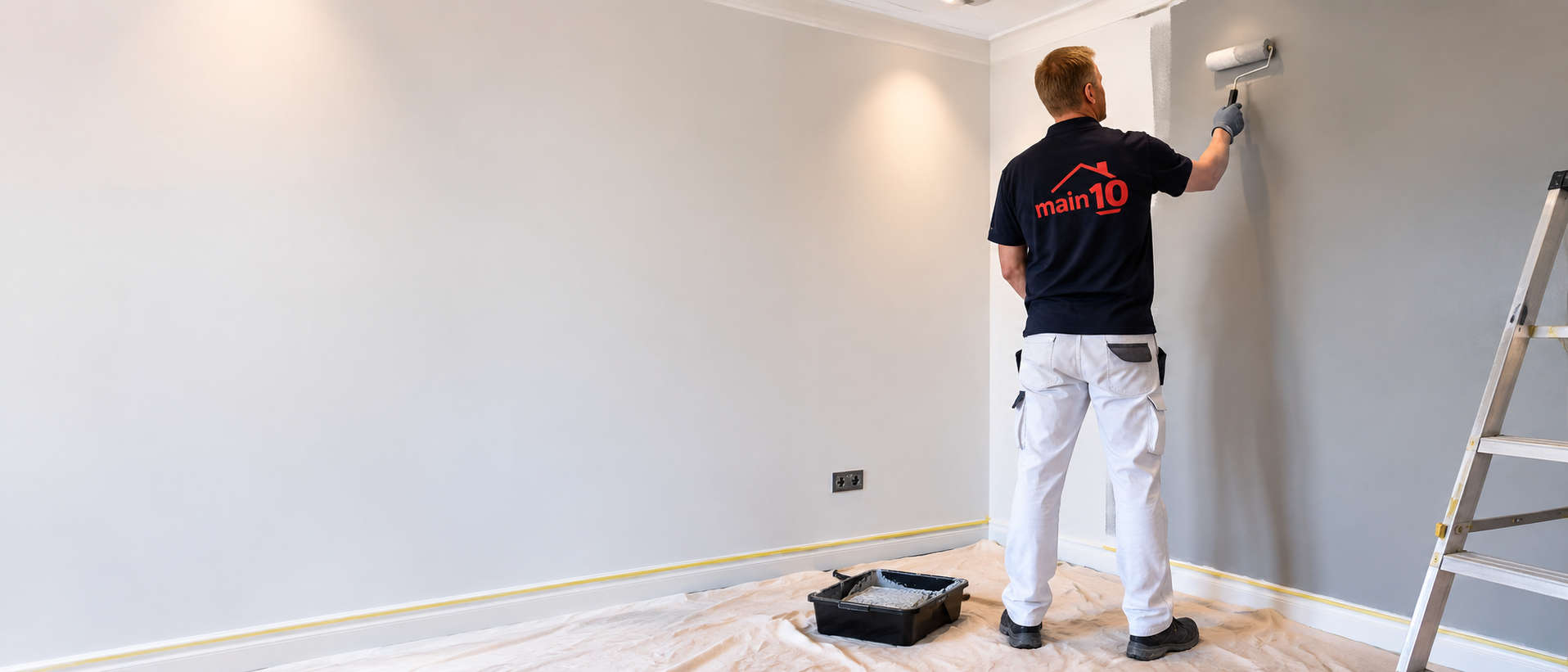 Painter and decorator at work rolling paint onto a wall in a neatly protected room, wearing a navy Main10 branded shirt