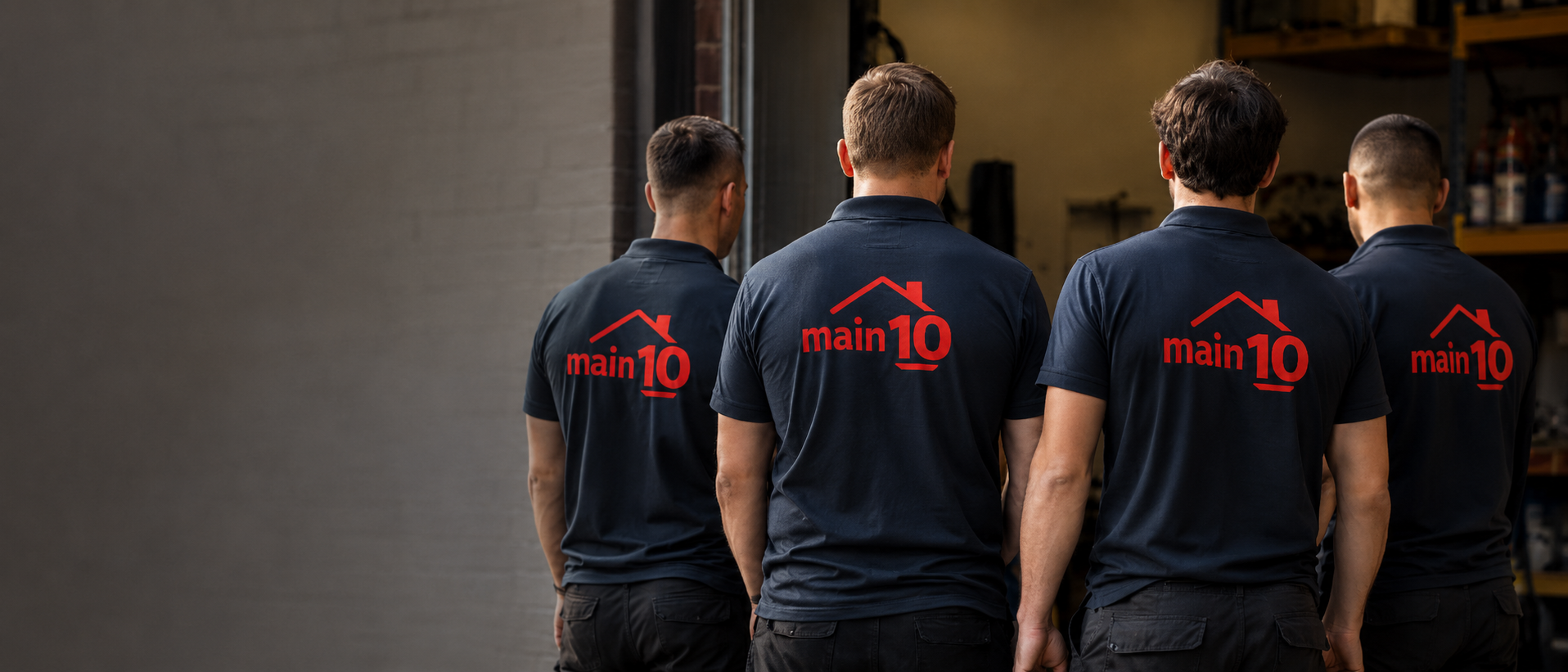 Back view of the Main10 team wearing navy branded work shirts